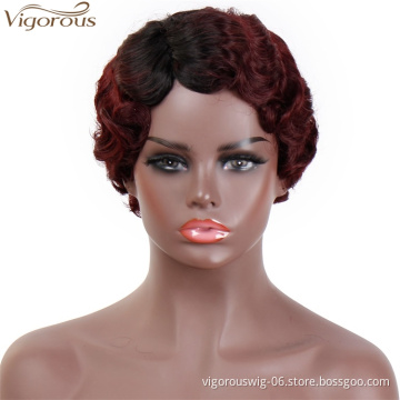 Vigorous Good Quality Ombre Red Short Finger Wave Wig Wig Part Side Synthetic Wigs Wholesale Price Heat Resistant
